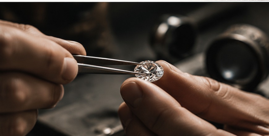 Hands carefully examining a diamond with precision tools
